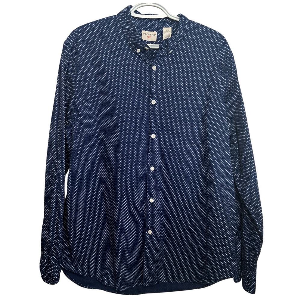 Dockers Men's Navy Blue White Polk a Dot Long Sleeve‎ Button Down Shirt Size L